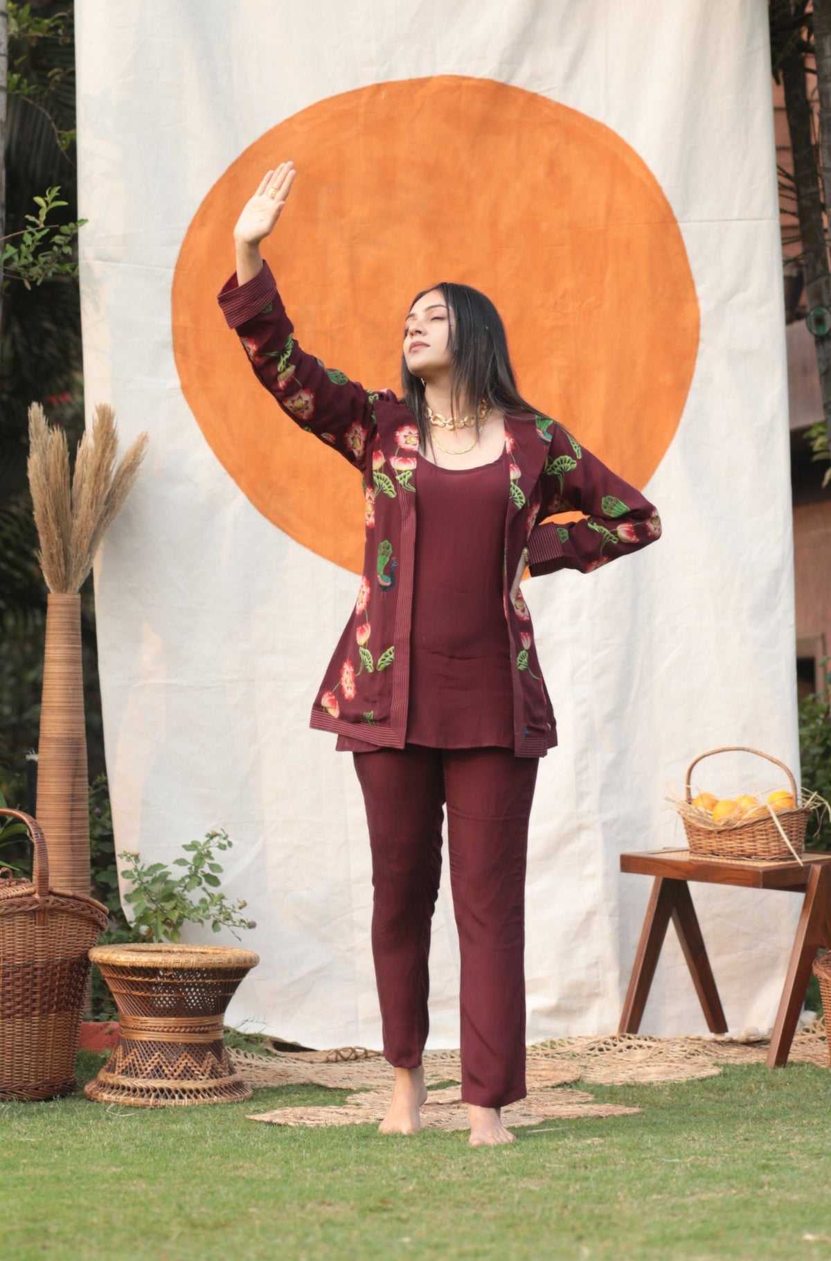 Marsala Peacock Blazer Three Piece Set-Western-Ekana Label