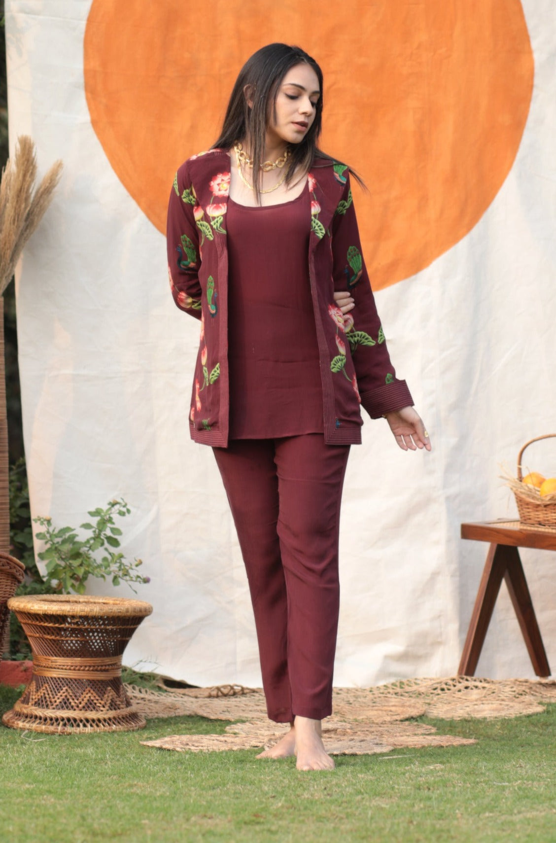 Marsala Peacock Blazer Three Piece Set-Western-Ekana Label