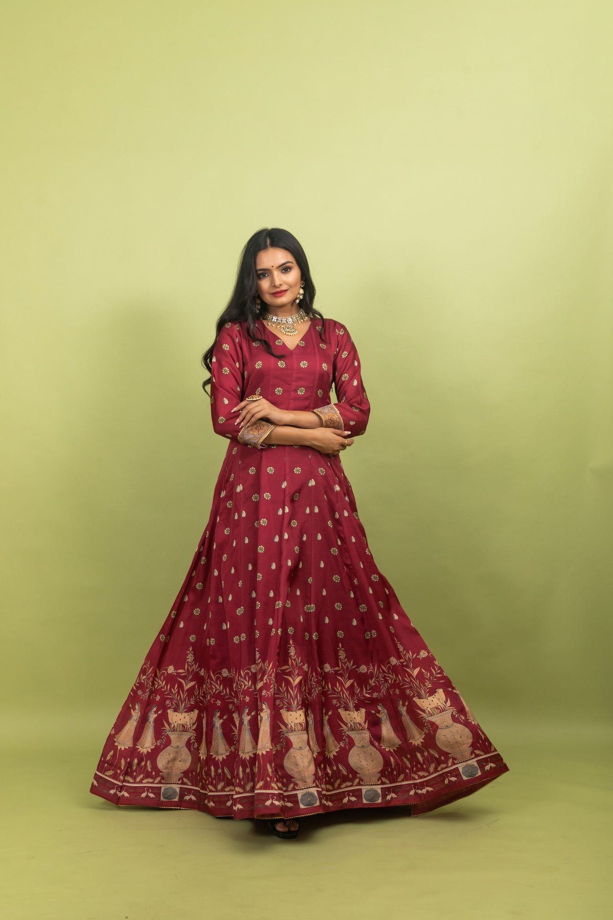 Rosewood Pichwai Gown With Dupatta-Gown With Dupatta-Ekana Label