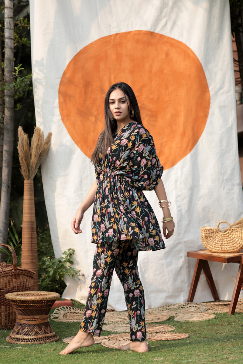 Black Floral Printed Kaftan Co-ord Set-Western-Ekana Label