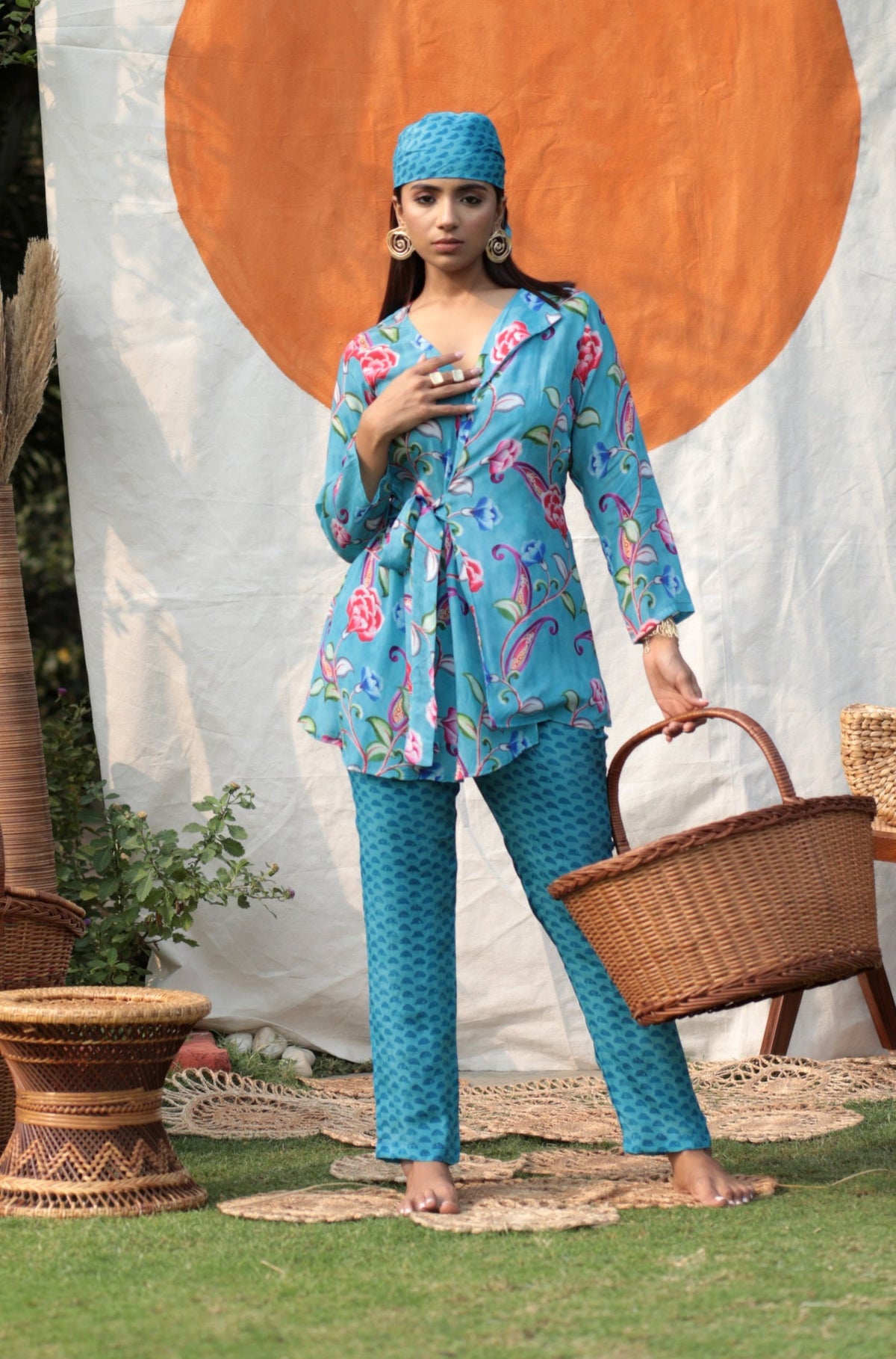 Blue Floral Side Knot With Motif Pant Co-ord set-Western-Ekana Label