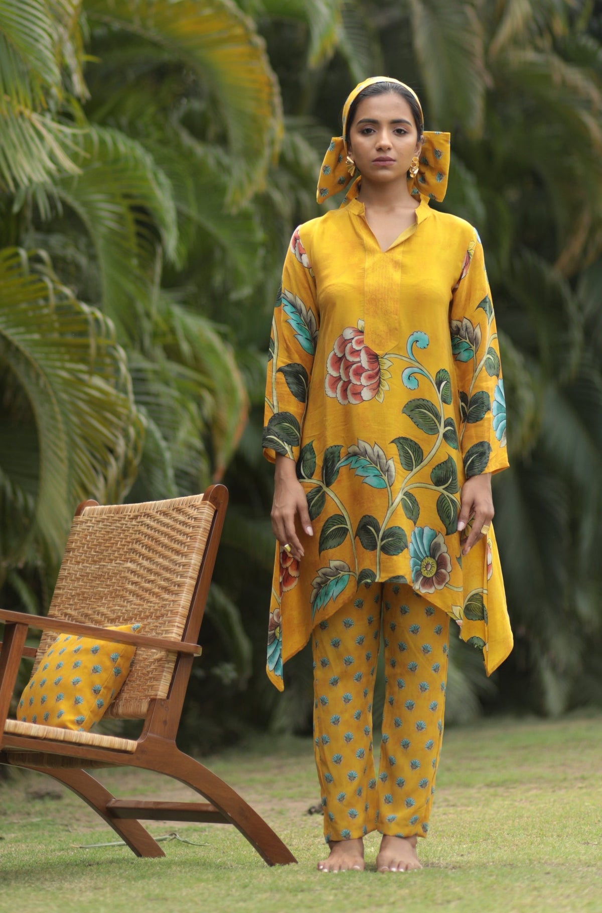 Yellow Stone Kalamkari Thread Detail With Motif Pant Set-Western-Ekana Label