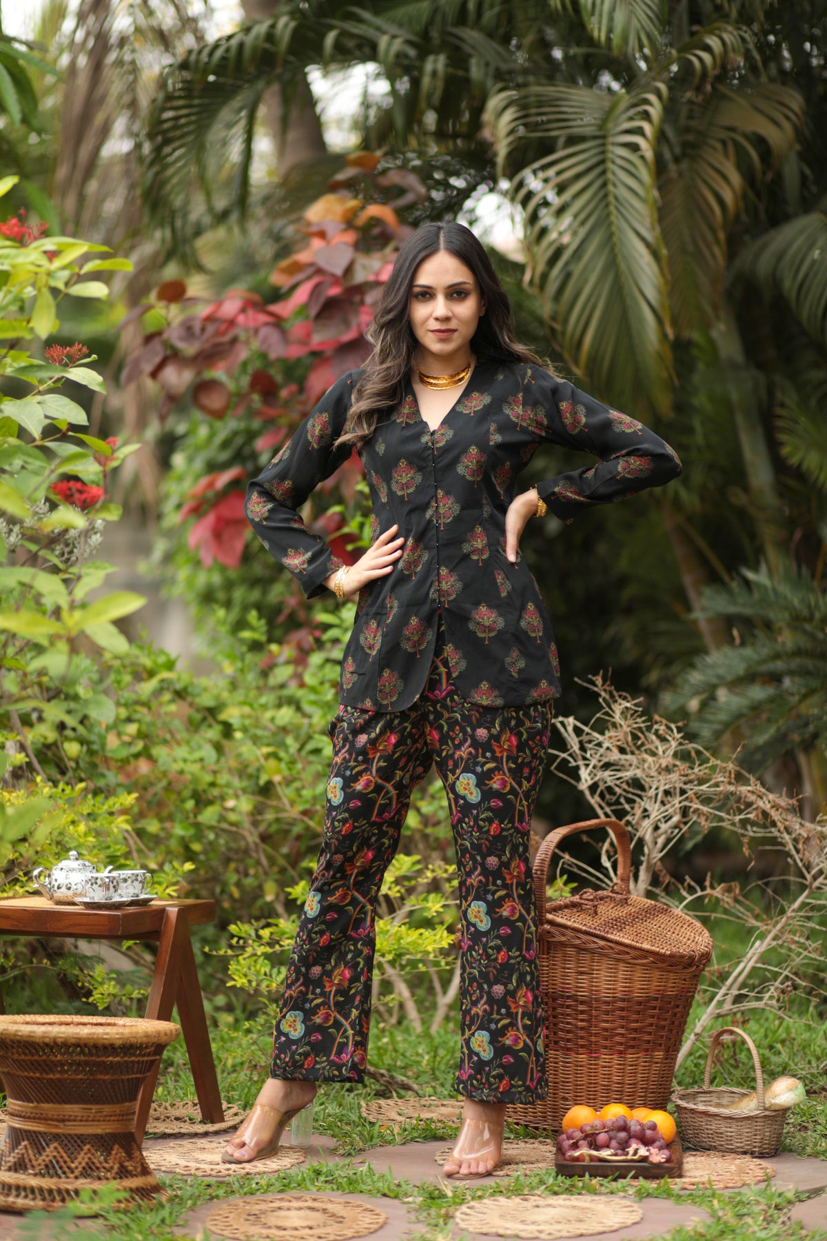 Black Motif Shirt & Flared Kalamkari Pant Co-ord Set-Western-Ekana Label