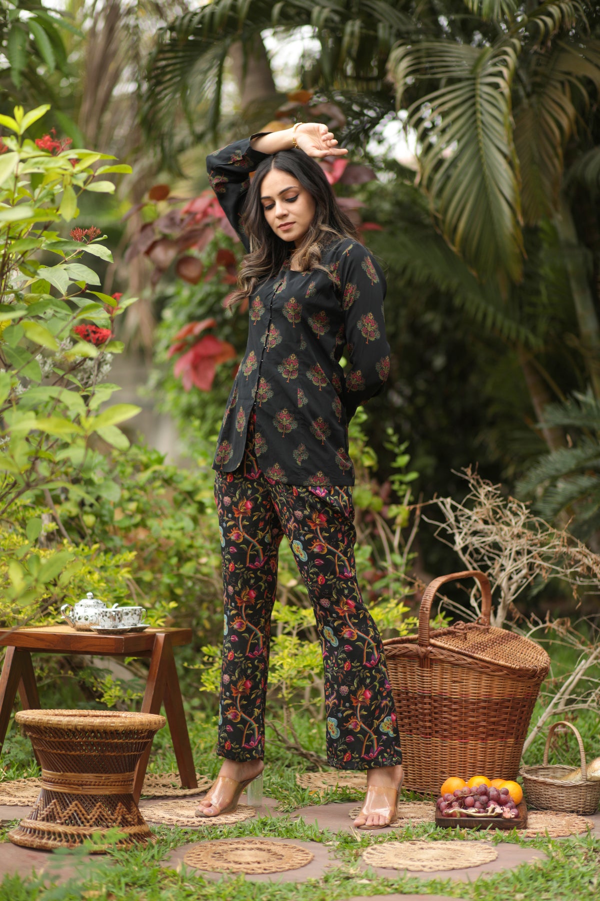 Black Motif Shirt & Flared Kalamkari Pant Co-ord Set-Western-Ekana Label