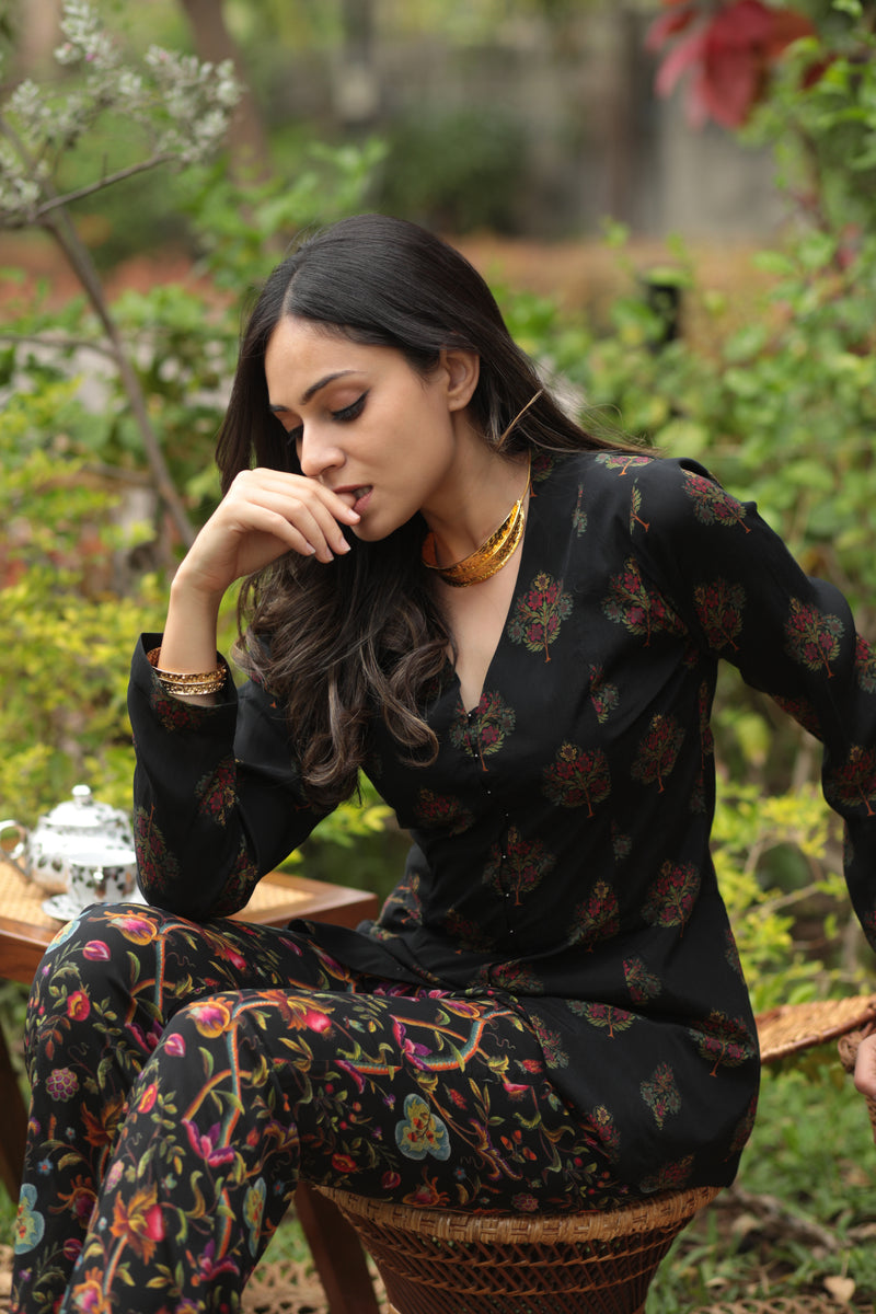 Black Motif Shirt & Flared Kalamkari Pant Co-ord Set-Western-Ekana Label